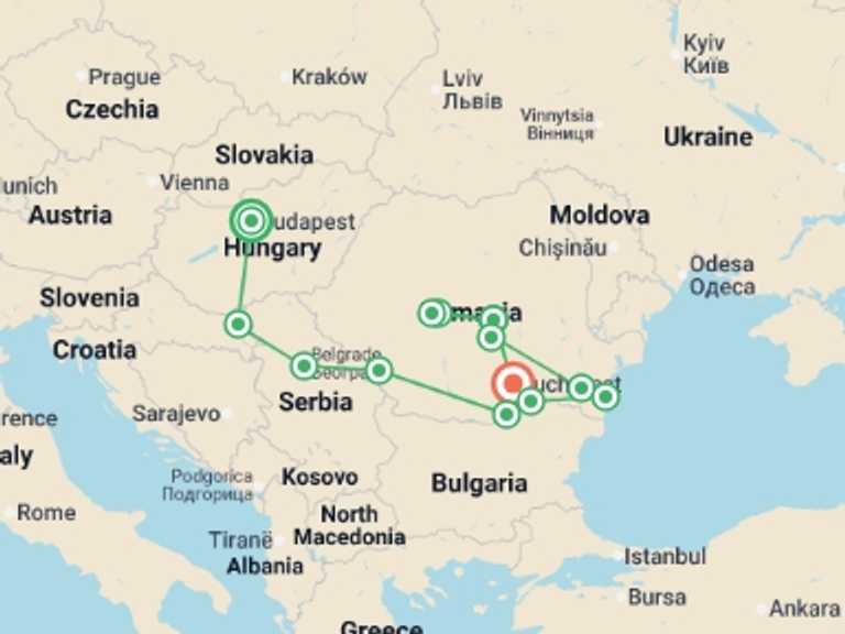 Map of Eastern Europe Tour with 10 destination visits for the trip: Along the river Danube, Budapest and the Balkan peninsula (port-to-port cruise)