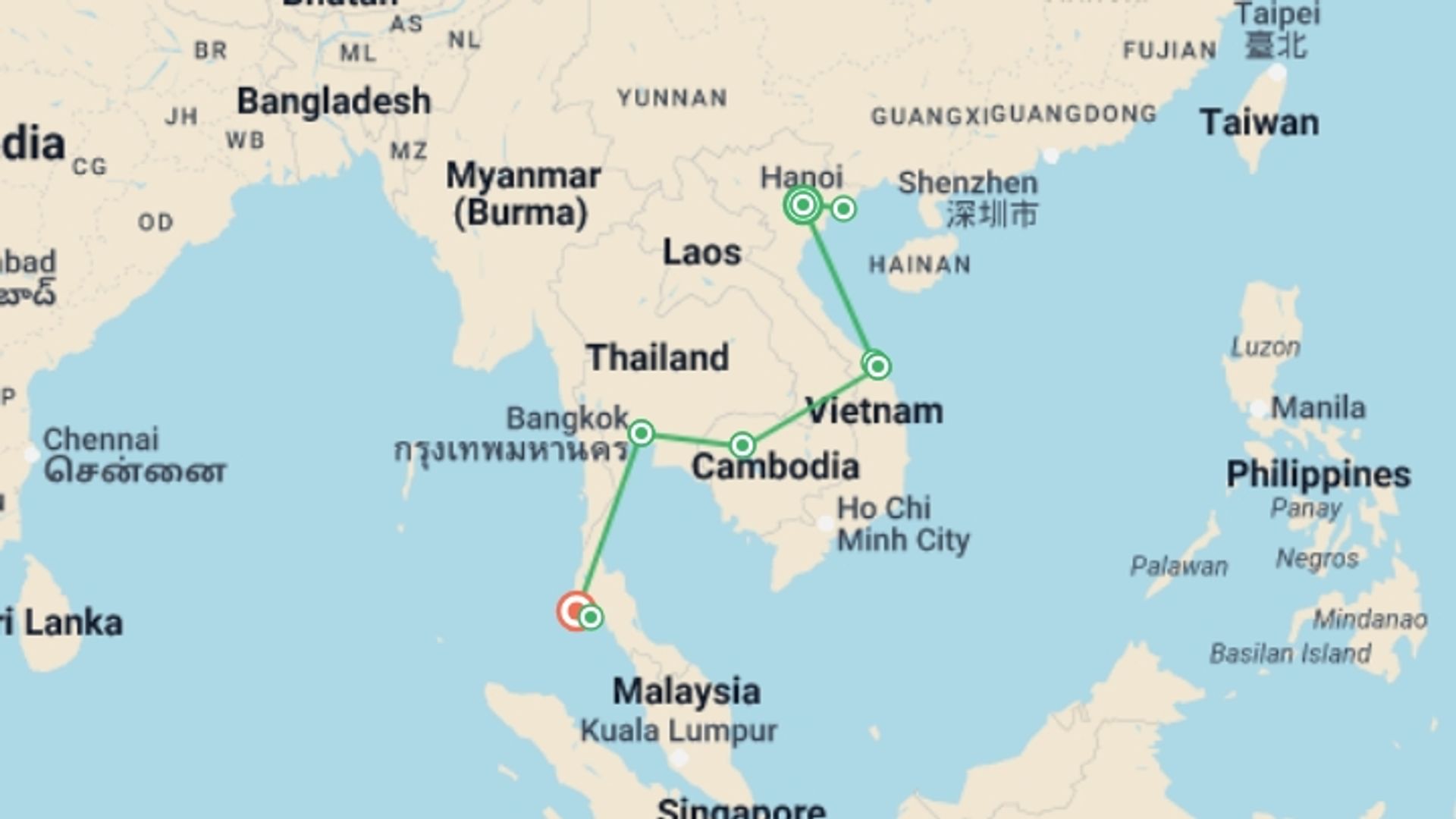 A map showing the tour itinerary for the trip: Wonders of Vietnam, Cambodia & Thailand I Best 2025/26, starting in Hanoi, Vietnam and ending in Phuket, Thailand going through 5 other destinations.