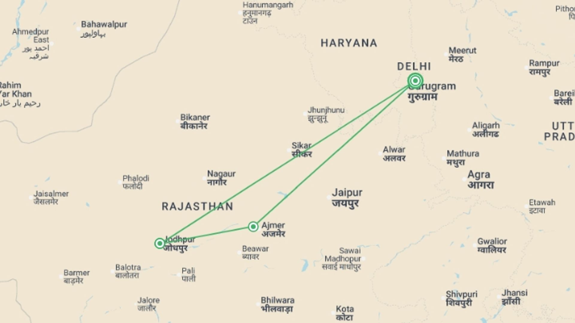 A map showing the tour itinerary for the trip: Jodhpur & Pushkar - 6 days, starting in New Delhi, India and ending in New Delhi, India going through 2 other destinations.