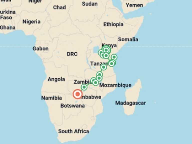 Map itinerary of Africa Tour in December 2026 with 15 destination visits for the trip: Kenya to Zimbabwe Overland Safari & Participation Camping
