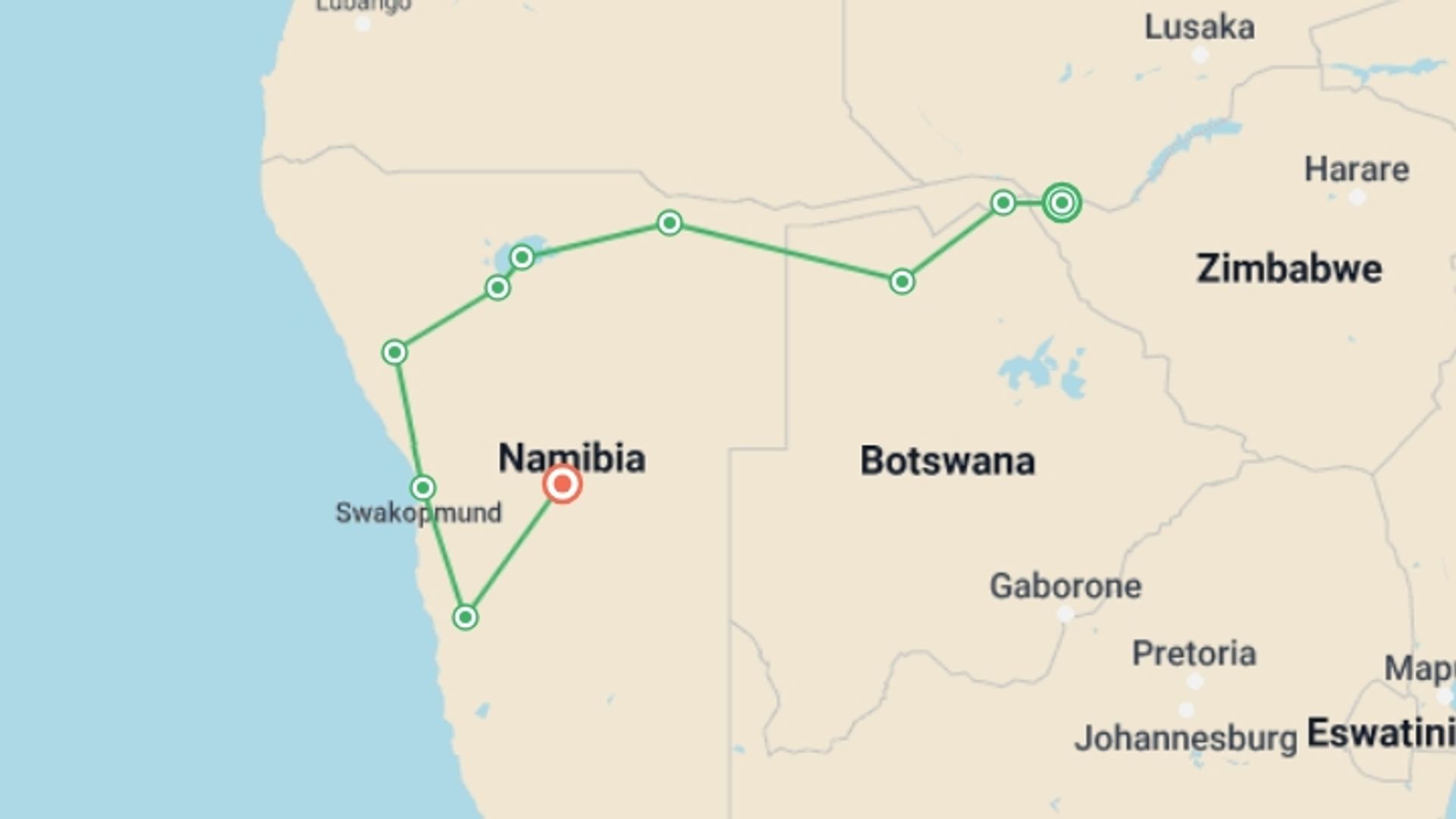 A map showing the tour itinerary for the trip: Southern African Desert Rivers and Wildlife (VFA to WDH), starting in Victoria Falls, Zimbabwe and ending in Windhoek, Namibia going through 8 other destinations.
