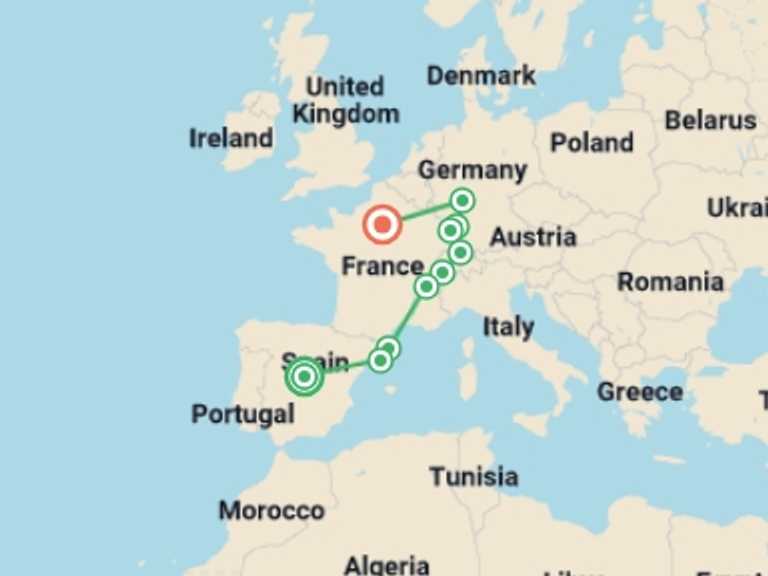 Map of France and Spain Tour with 10 destination visits for the trip: Spain and Switzerland with Alsace and Black Forest