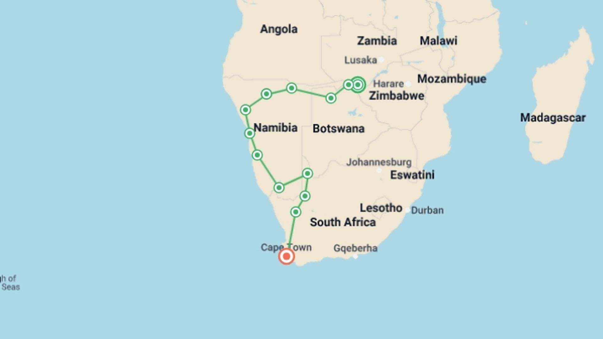 A map showing the tour itinerary for the trip: African Wildlife Explorer (VFA to CPT), starting in Victoria Falls, Zimbabwe and ending in Cape Town, South Africa going through 11 other destinations.