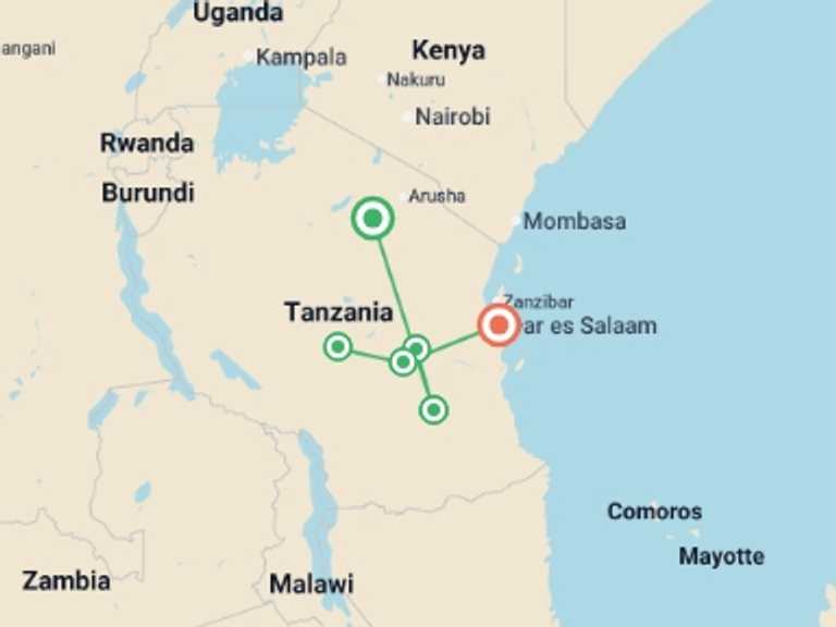 Map of 10-Day Africa Tour with 7 destination visits for the trip: 10 Days – Hidden Safari Treasures of Southern Tanzania