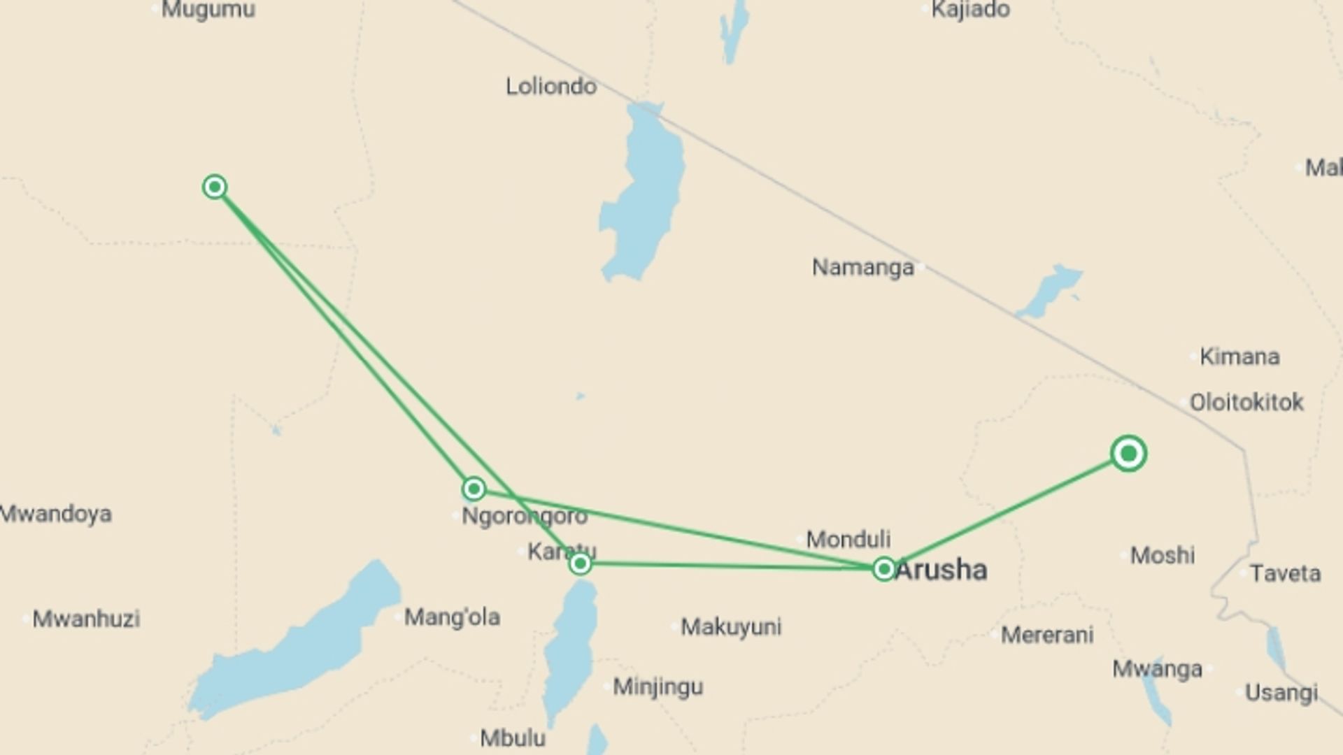A map showing the tour itinerary for the trip: Kifaru Safari, Serena Lodges, starting in Arusha, Tanzania and ending in Arusha, Tanzania going through 4 other destinations.