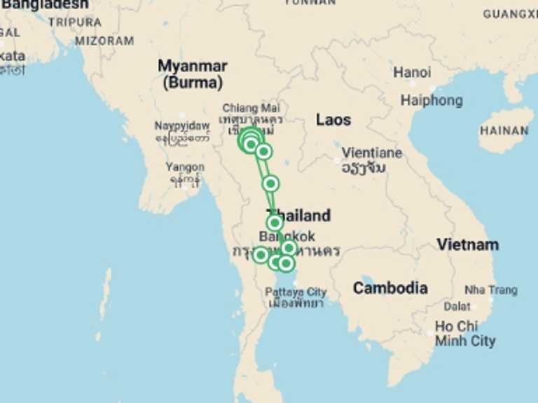 Map itinerary of Ayutthaya Tour in June 2026 with 5 destination visits for the trip: Treasures Of Thailand 8 Days - Chiang Mai To South, Small Group Tour (other Languages)