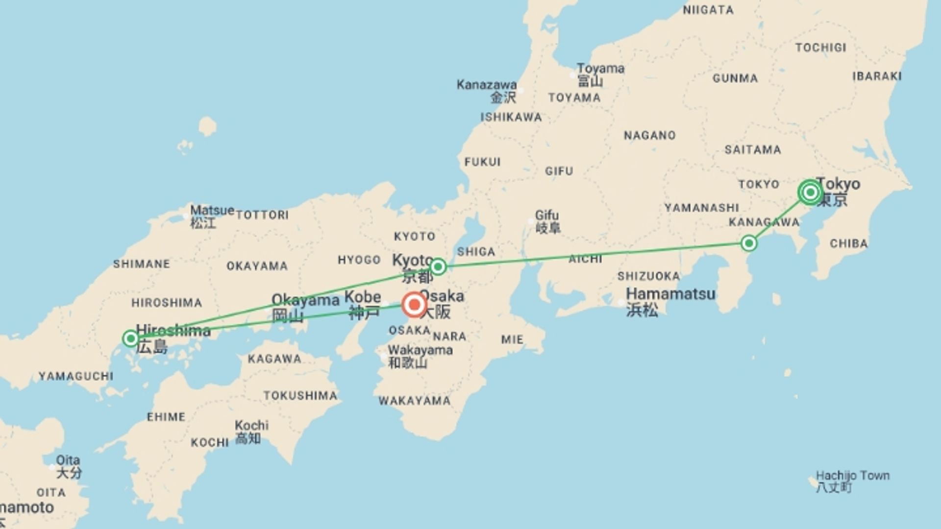 A map showing the tour itinerary for the trip: Signature: Japan's Tokyo, Kyoto & Osaka, starting in Tokyo, Japan and ending in Osaka, Japan going through 5 other destinations.
