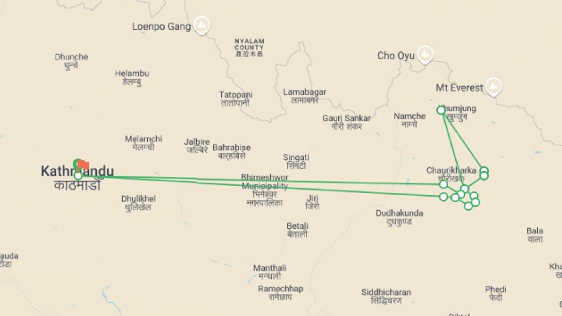 A map showing the tour itinerary for the trip: Mera Peak Climbing, starting in Kathmandu, Nepal and ending in Kathmandu, Nepal going through 12 other destinations.