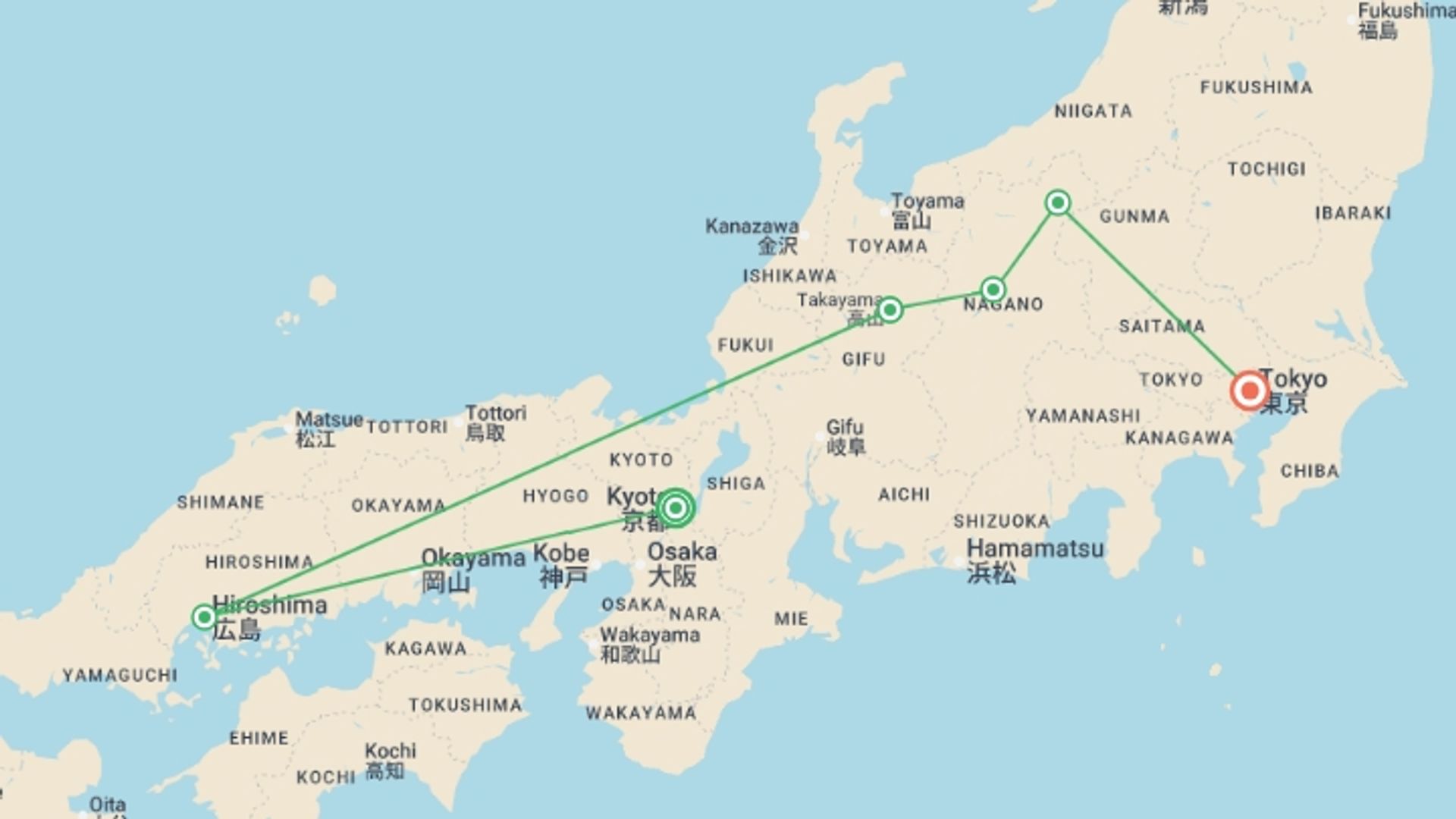 A map showing the tour itinerary for the trip: Ancient & Modern Japan, starting in Kyoto, Japan and ending in Tokyo, Japan going through 4 other destinations.