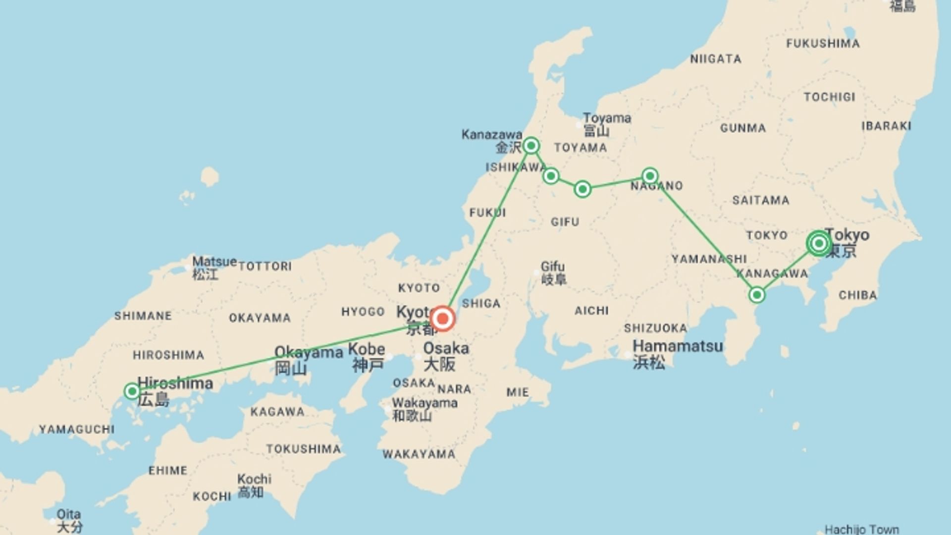 A map showing the tour itinerary for the trip: Cultural Treasures of Japan , starting in Tokyo, Japan and ending in Kyoto, Japan going through 3 other destinations.