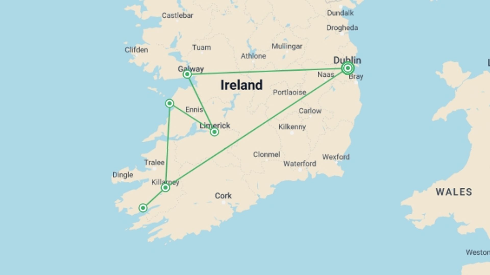 A map showing the tour itinerary for the trip: Picturesque Solo Ireland Tour, starting in Dublin, Ireland and ending in Dublin, Ireland going through 3 other destinations.