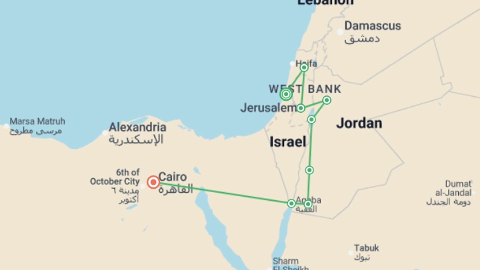 A map showing the tour itinerary for the trip: Dream of Middle East, starting in Tel Aviv, Israel and ending in Cairo, Egypt going through 7 other destinations.