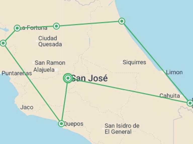 Map of a Wildlife safaris and game drives Tour with 9 destination visits for the trip: Costa Rica Adventure