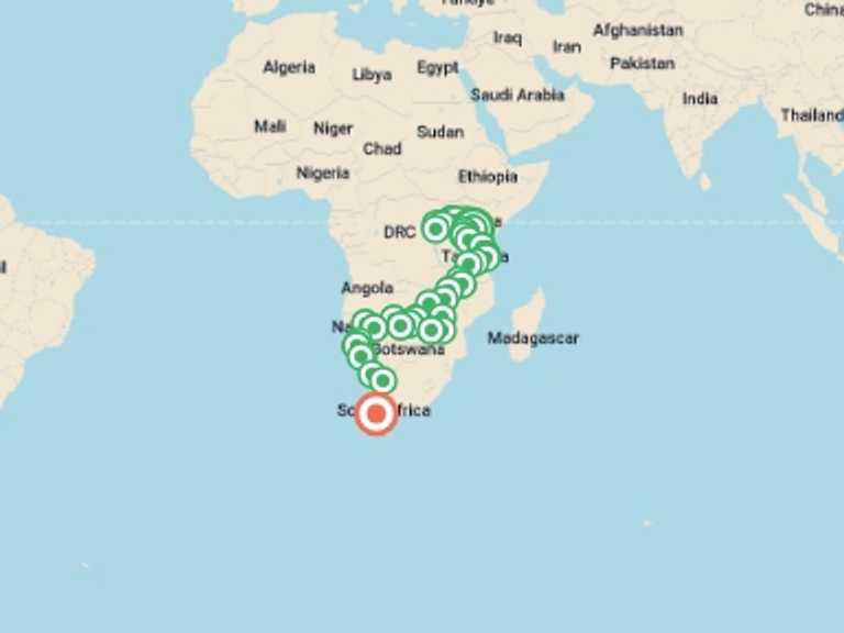 Map itinerary of Africa Tour in April 2027 with 40 destination visits for the trip: Africa Encompassed Southbound