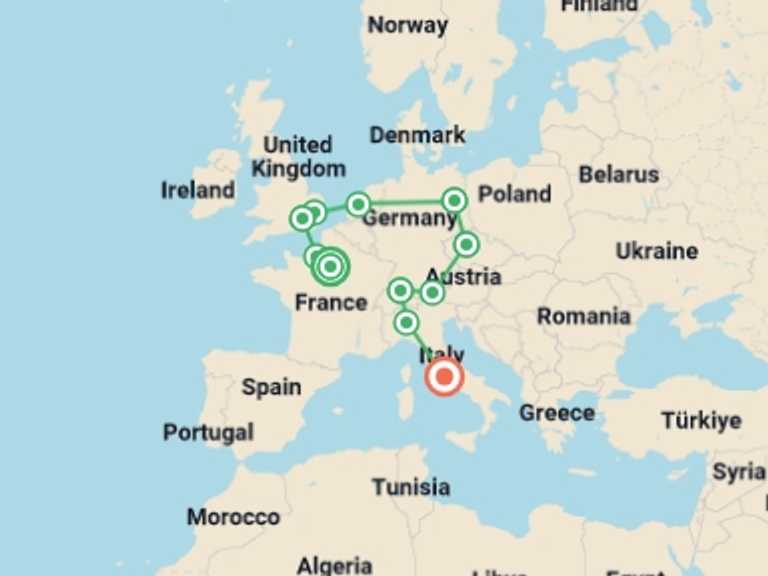 Map itinerary of Europe Tour in Fall with 11 destination visits for the trip: Jewels of Europe GO