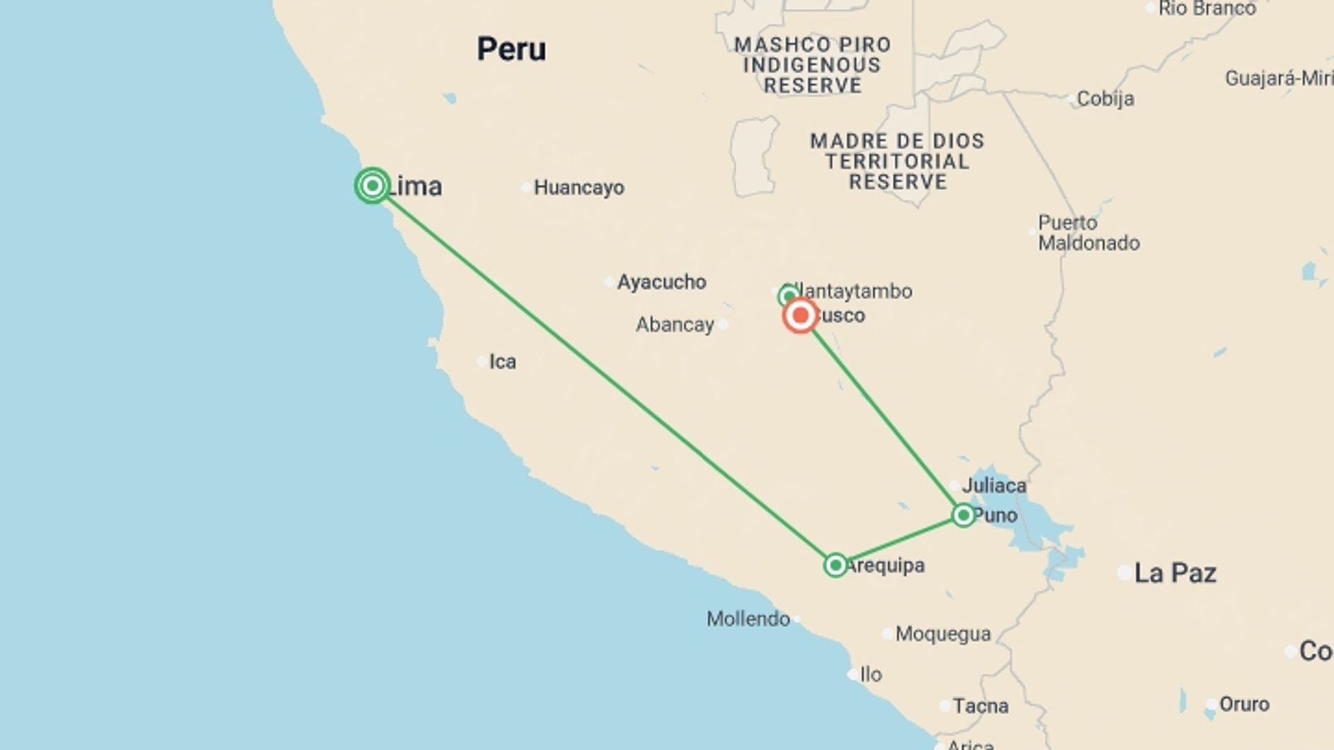 A map showing the tour itinerary for the trip: Explore Peru – 11 Days: Lima, Colca Valley, Puno, Cusco, Machu Picchu, French-speaking Guide, starting in Lima, Peru and ending in Cusco, Peru going through 3 other destinations.