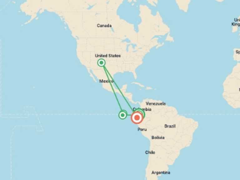 Map itinerary of Ecuador Tour in March 2026 with 6 destination visits for the trip: Galapagos Escape - Solaris (Itinerary B)