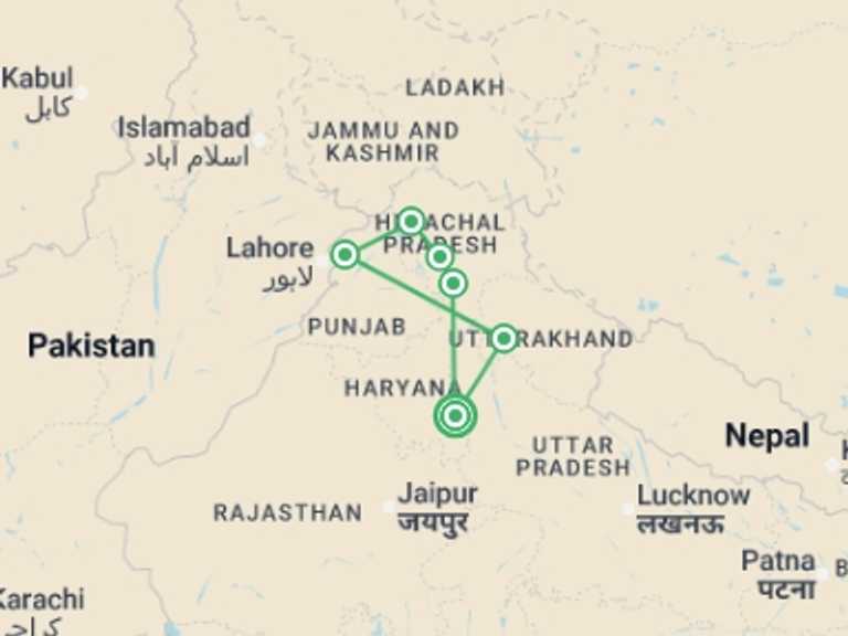 Map itinerary of New Delhi Tour in April 2027 with 6 destination visits for the trip: Mountains & Mystics of India