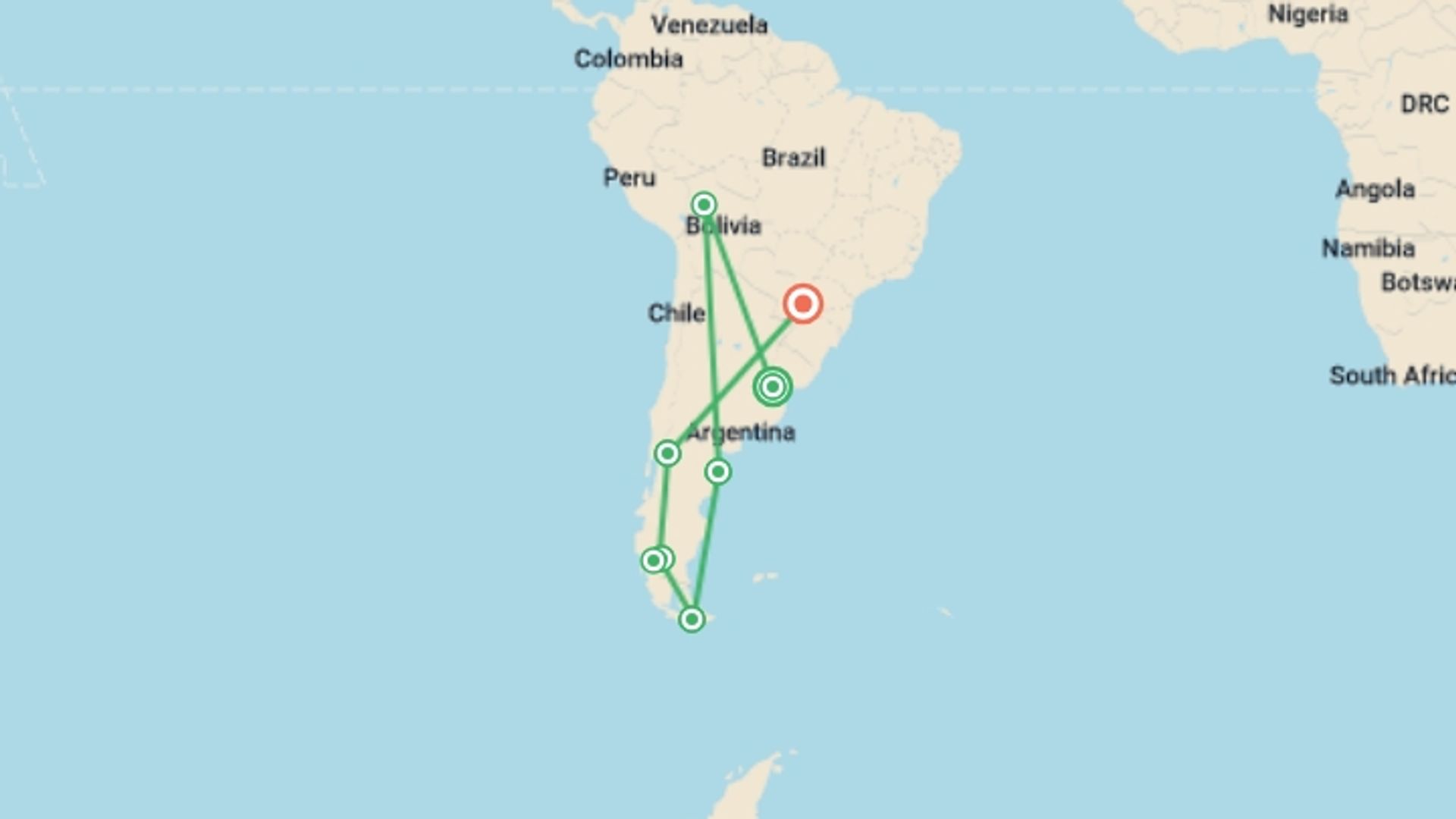 A map showing the tour itinerary for the trip: The Great Tour of Argentina: 18 Nights, starting in Buenos Aires, Argentina and ending in Iguazu Falls, Brazil going through 6 other destinations.