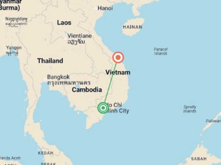 Map itinerary of Asia Tour in August 2026 with 2 destination visits for the trip: Saigon &  Danang Beach (Deluxe) 8 days 