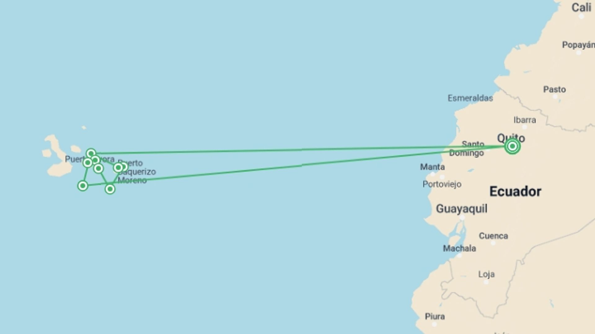 A map showing the tour itinerary for the trip: Galápagos — Central, South & East Islands aboard the Yolita, starting in Quito, Ecuador and ending in Quito, Ecuador going through 6 other destinations.