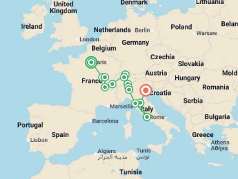 Map of Paris Explorer Tour with 7 destination visits for the trip: Harmonious Europe AR