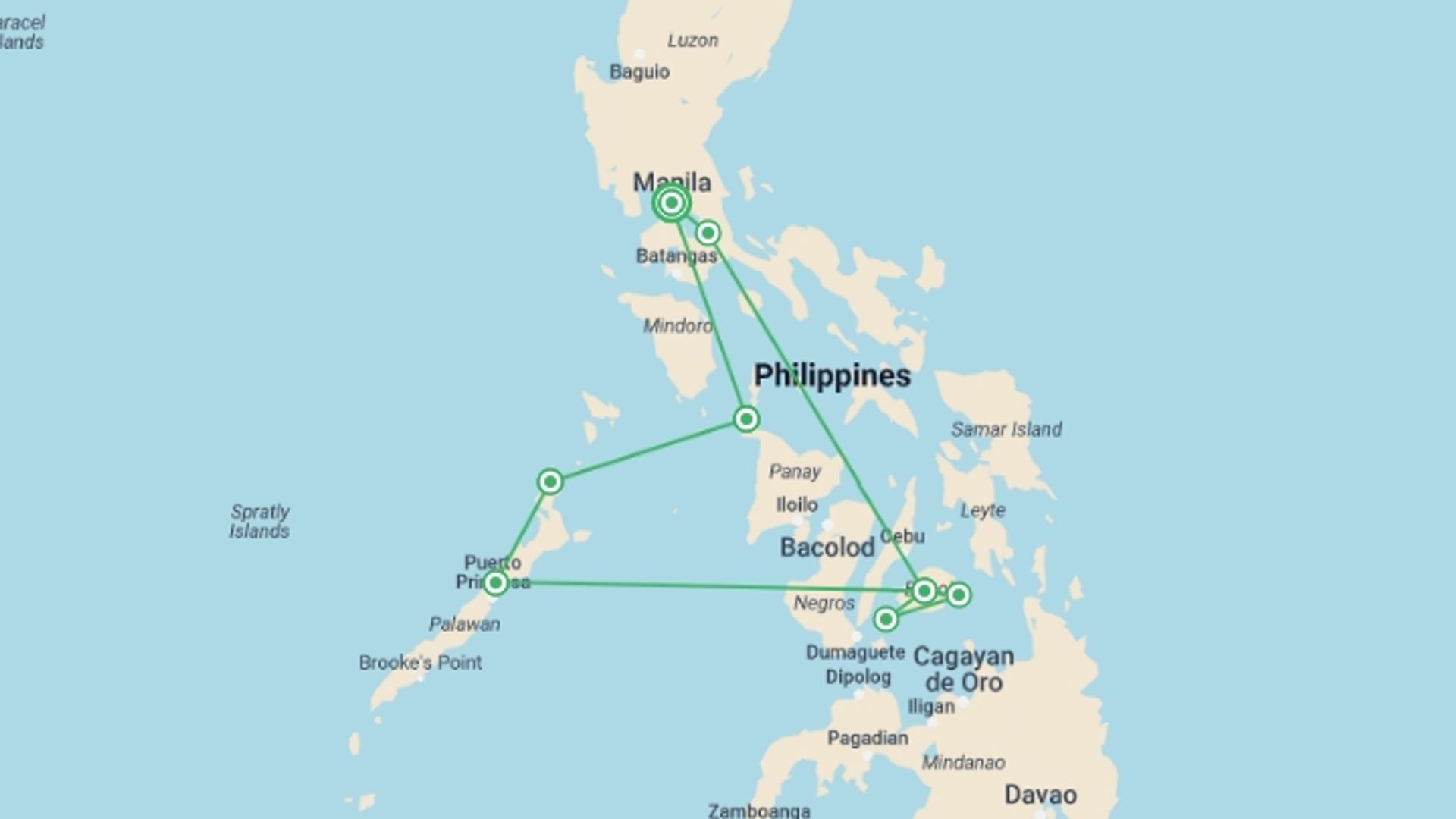 A map showing the tour itinerary for the trip: Philippines Paradise: 16-Day Island Adventure, starting in Manila, Philippines and ending in Manila, Philippines going through 7 other destinations.