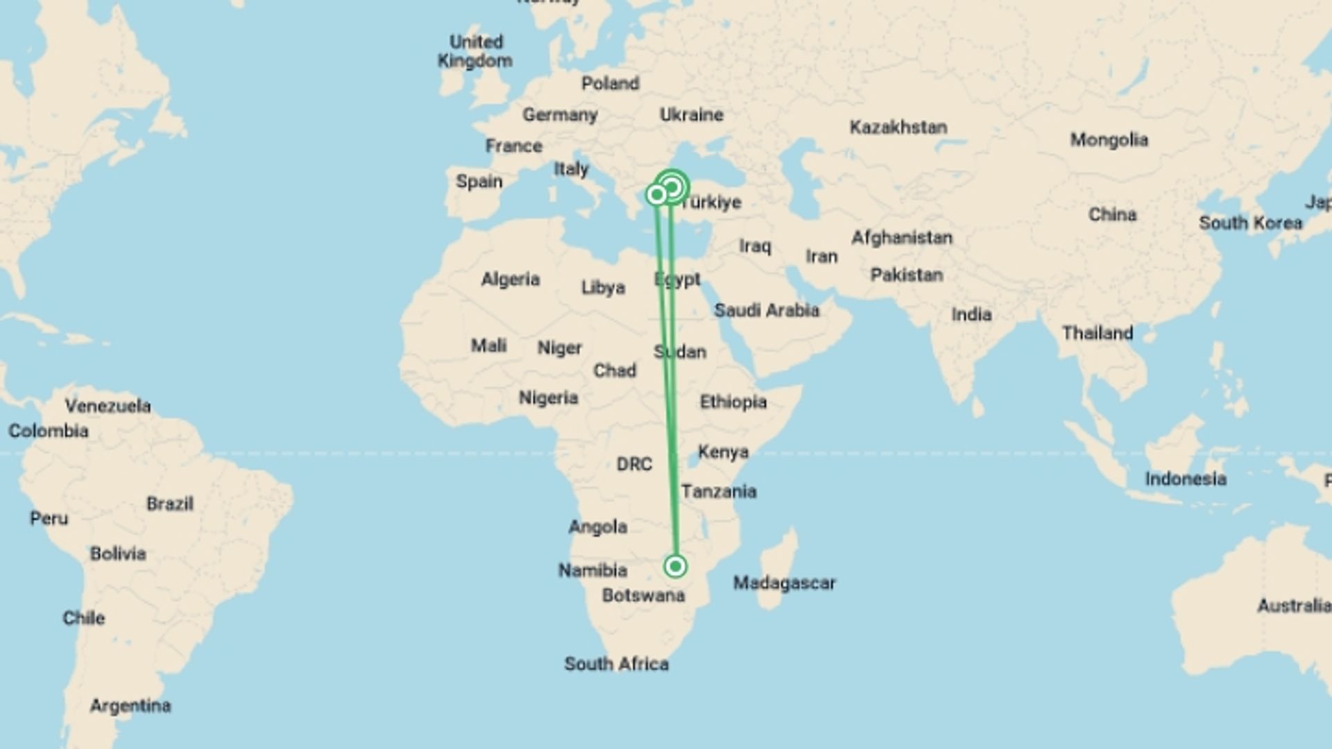 A map showing the tour itinerary for the trip: Historic Turkey - 3 days, starting in Istanbul, Turkey and ending in Istanbul, Turkey going through 2 other destinations.