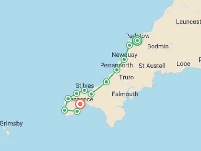 Map of a Walking Tour with 12 destination visits for the trip: South West Coast Path: Padstow to Penzance - 13 Days