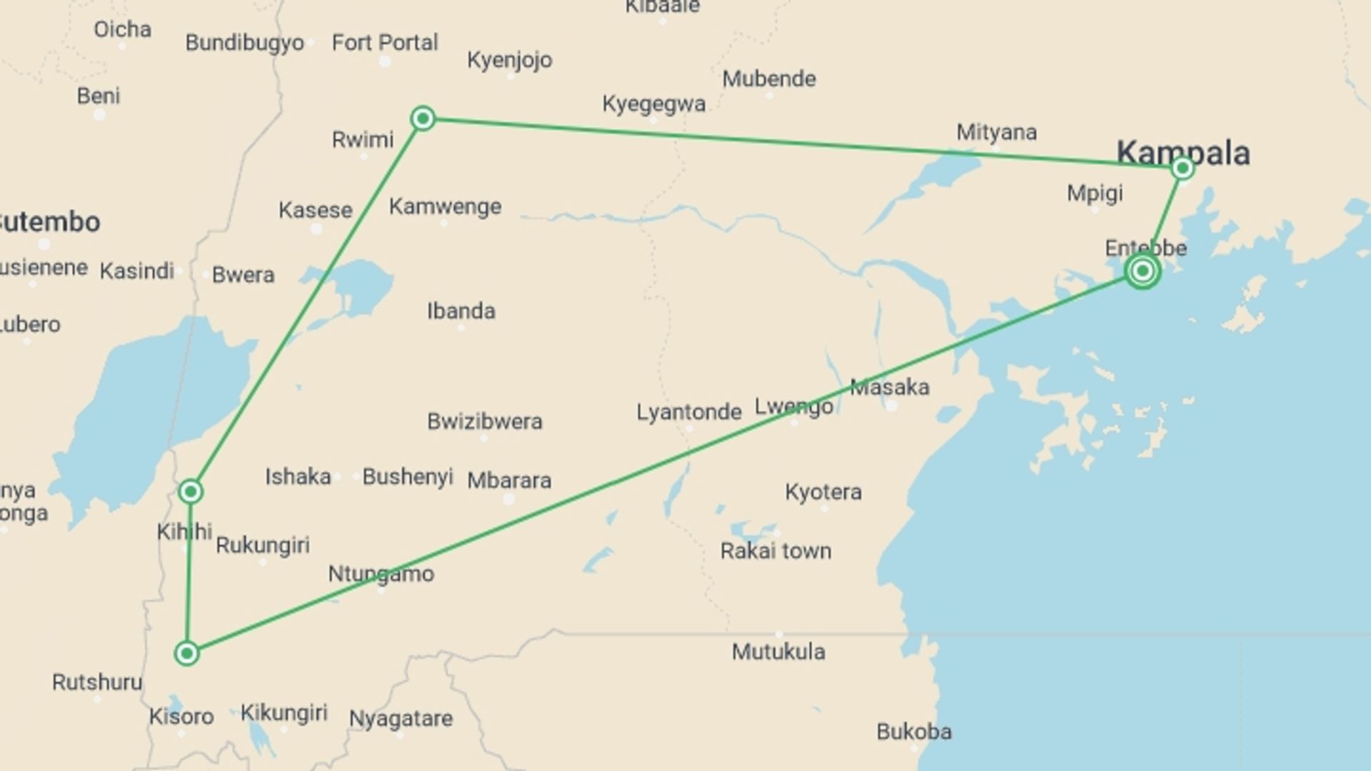 A map showing the tour itinerary for the trip: 8 days Uganda Wildlife Holiday, starting in Entebbe, Uganda and ending in Entebbe, Uganda going through 4 other destinations.