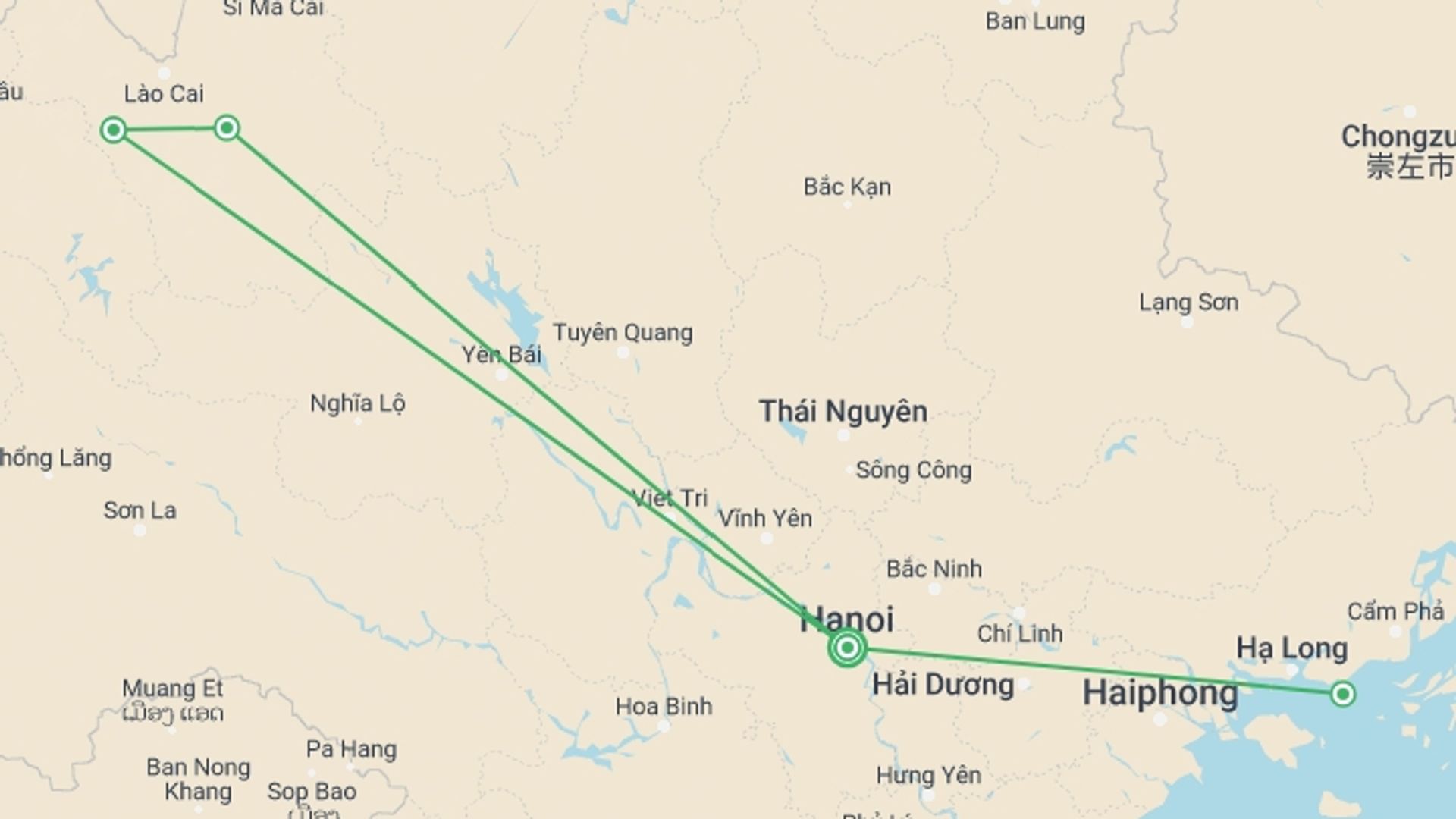 A map showing the tour itinerary for the trip: Discover Hanoi, Sapa and Halong Bay - 7 Days, starting in Hanoi, Vietnam and ending in Hanoi, Vietnam going through 3 other destinations.