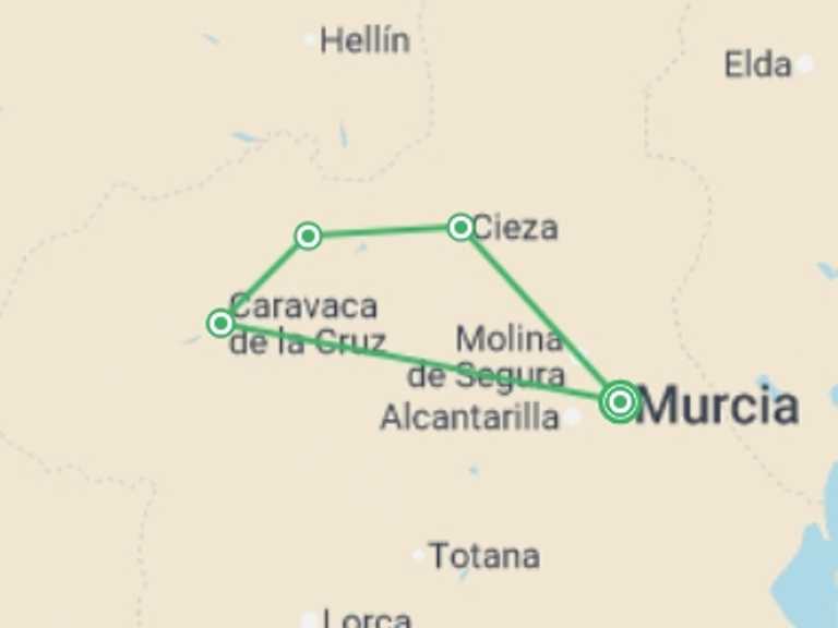 Map itinerary of Mediterranean Tour in September 2026 with 5 destination visits for the trip: Cycle Southern Spain - Murcia