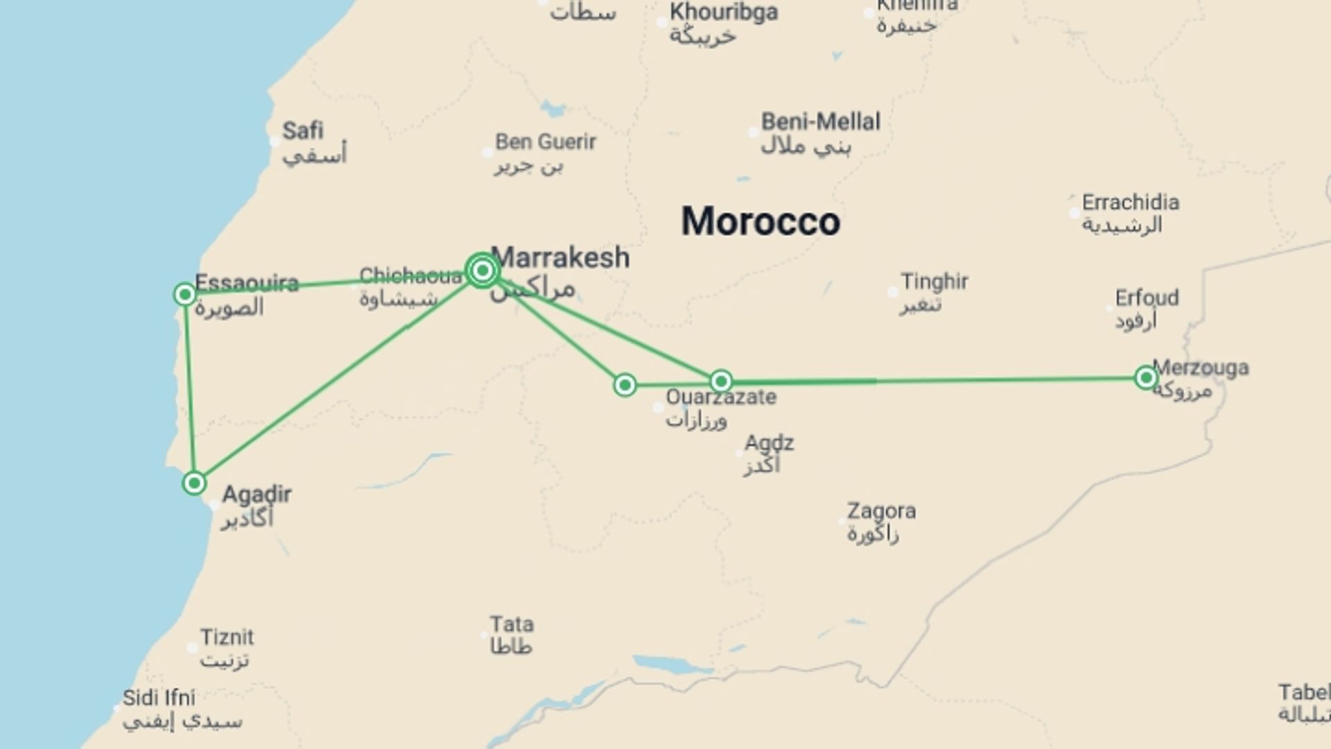 A map showing the tour itinerary for the trip: Morocco: Deserts & Beaches, starting in Marrakech, Morocco and ending in Marrakech, Morocco going through 5 other destinations.