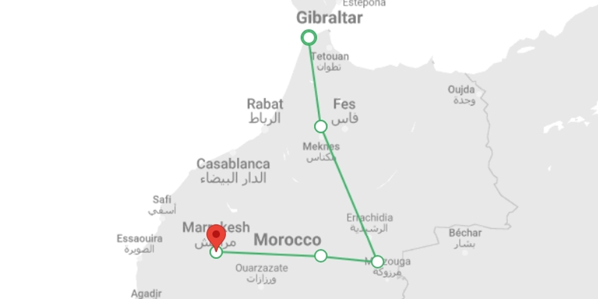 A map showing the tour itinerary for the trip: Moroccan Cities: Tangier to Marrakech (7 Days), starting in Tangier, Morocco and ending in Marrakech, Morocco going through 7 other destinations.