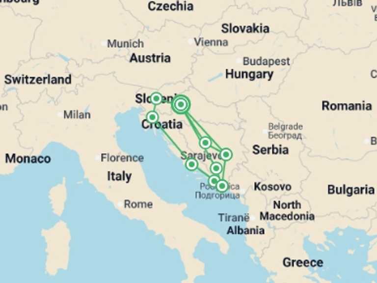Map of a Sightseeing Tour with 6 destination visits for the trip: Croatia, Bosnia and Slovenia