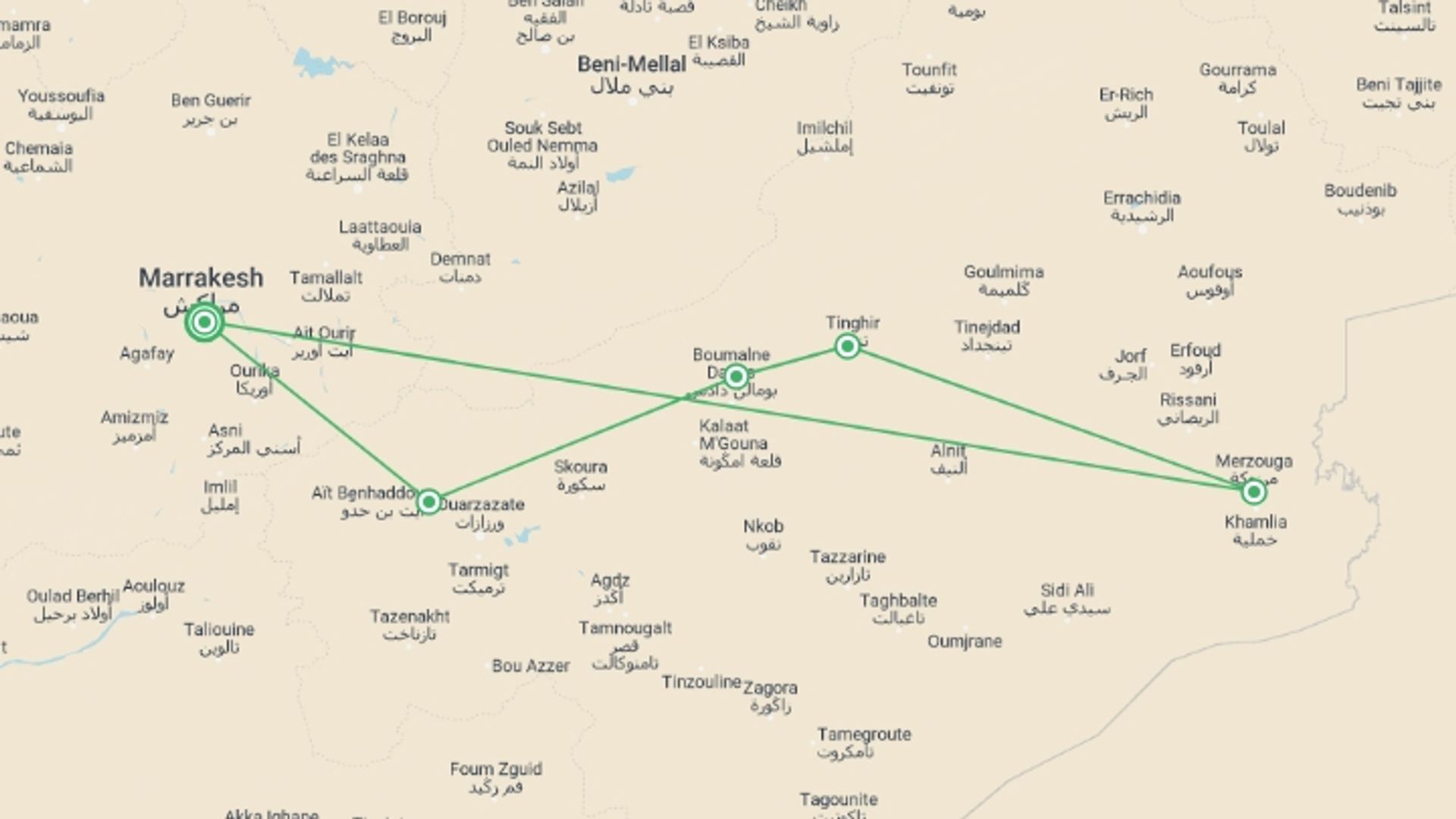 A map showing the tour itinerary for the trip: The Sahara Dunes Experience, starting in Marrakech, Morocco and ending in Marrakech, Morocco going through 4 other destinations.