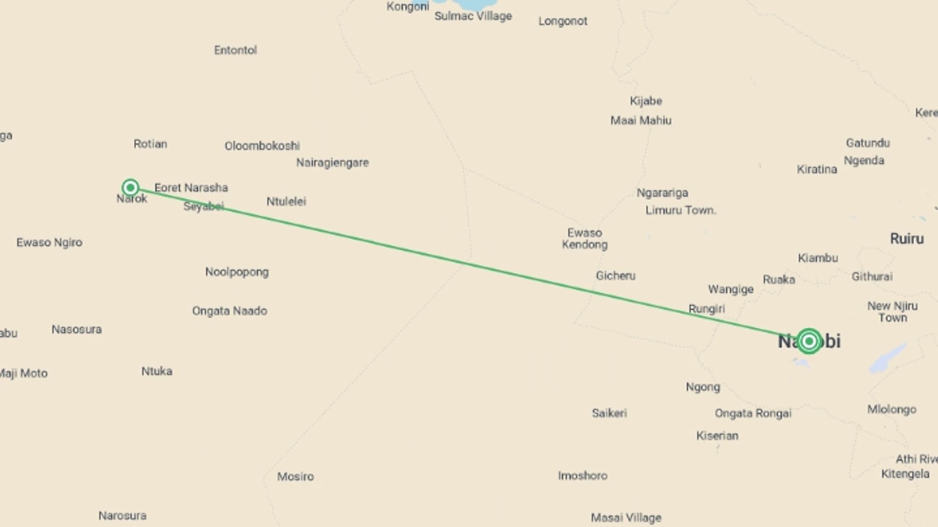 A map showing the tour itinerary for the trip: Maasai Mara Safari: Legendary Wildlife & Cultural Safari, starting in Nairobi, Kenya and ending in Nairobi, Kenya going through 1 other destinations.
