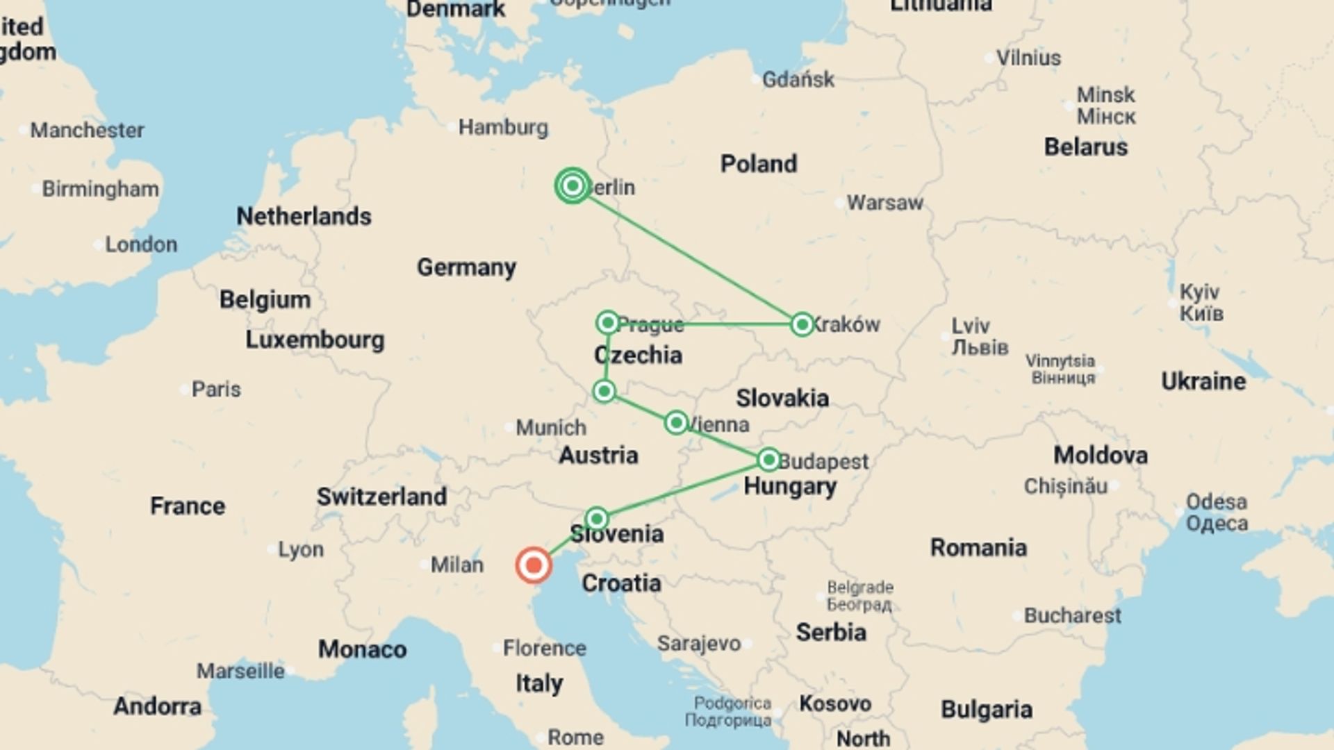 A map showing the tour itinerary for the trip: Real Central Europe, starting in Berlin, Germany and ending in Venice, Italy going through 6 other destinations.
