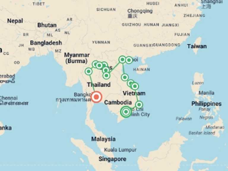 Map itinerary of Asia Tour in April 2027 with 15 destination visits for the trip: Vietnam, Laos & Thailand: Riversides & Railways
