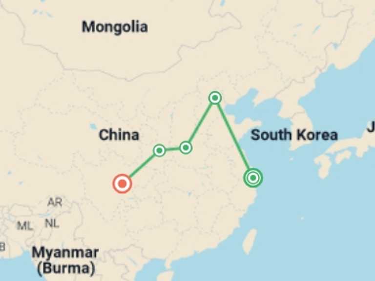 Map itinerary of Asia Tour in May 2026 with 5 destination visits for the trip: Shanghai to Chengdu Panda-monium - 11 days