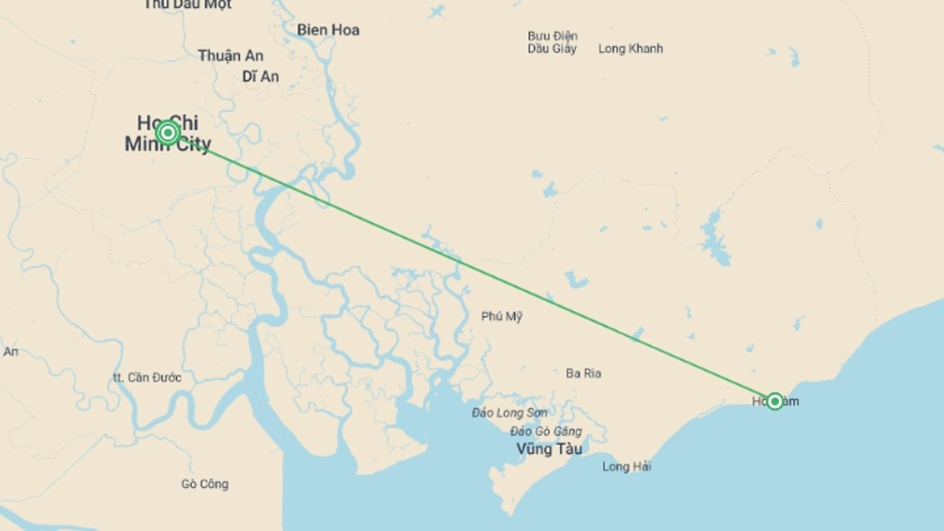 A map showing the tour itinerary for the trip: Vietnam Beach Escape, starting in Ho Chi Minh City, Vietnam and ending in Ho Chi Minh City, Vietnam going through 2 other destinations.