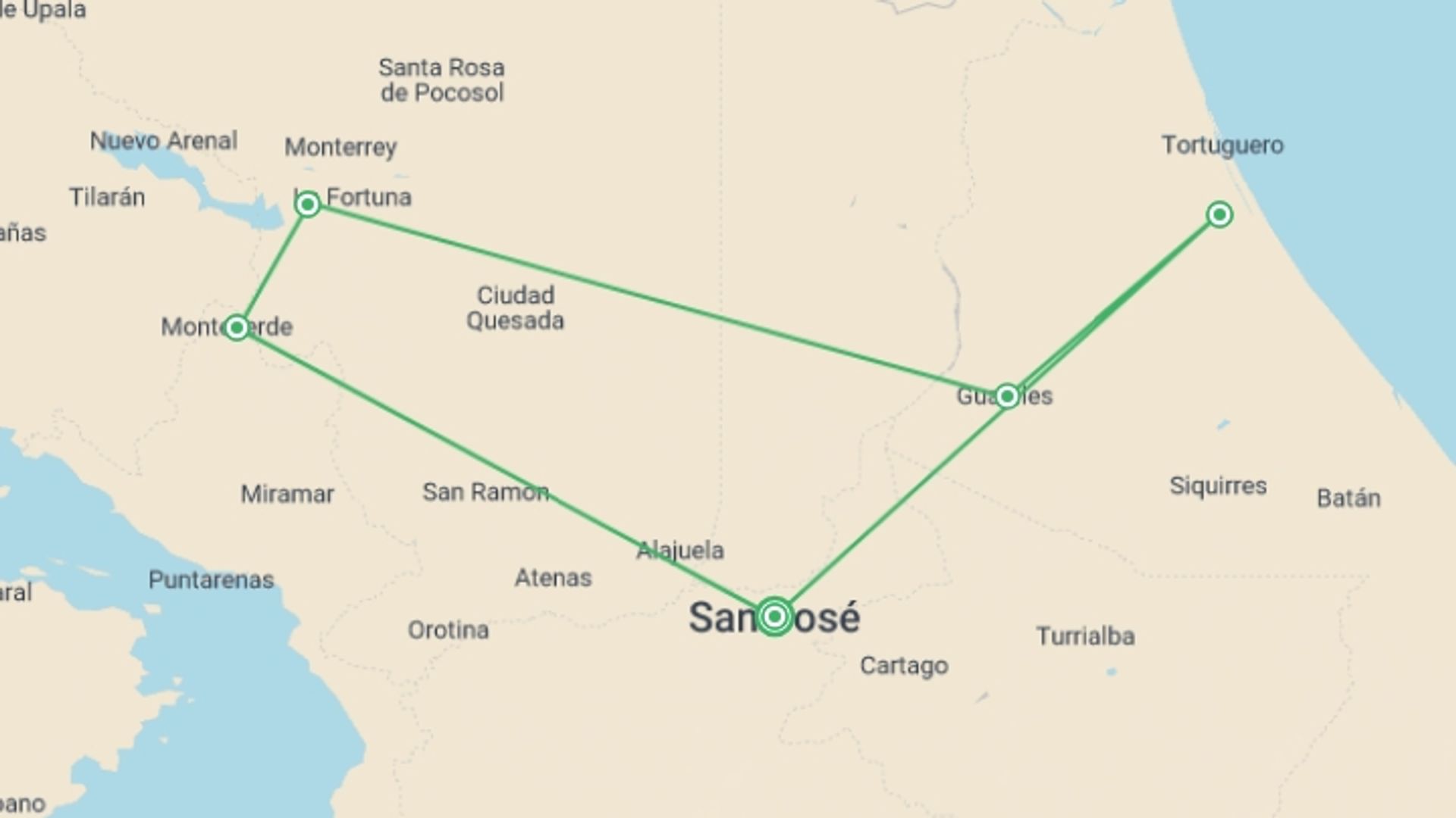 A map showing the tour itinerary for the trip: Supersaver | Costa Rica Essentials Plus, 8 Days, starting in San Jose, Costa Rica and ending in San Jose, Costa Rica going through 4 other destinations.