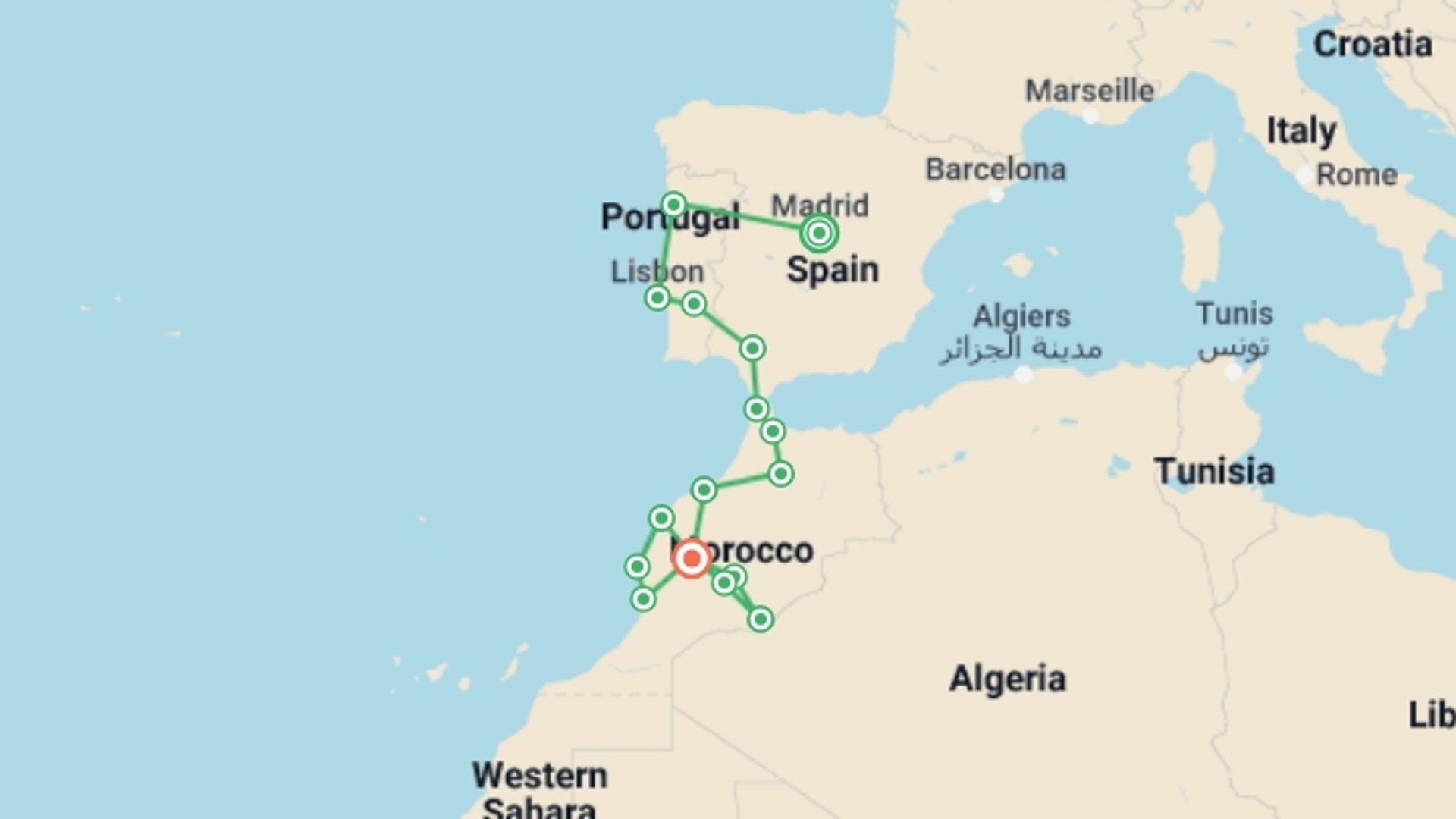 A map showing the tour itinerary for the trip: Spain, Portugal & Morocco Encompassed, starting in Madrid, Spain and ending in Marrakech, Morocco going through 14 other destinations.