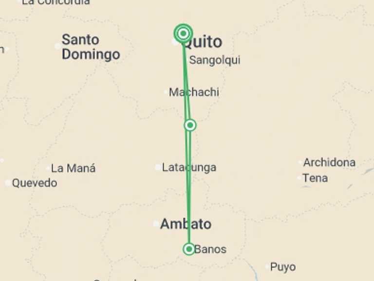 Map itinerary of South America Tour in February 2027 with 3 destination visits for the trip: 5-day Quito & Surroundings: Cotopaxi, Quilotoa & Baños Hot Springs, Private Tour