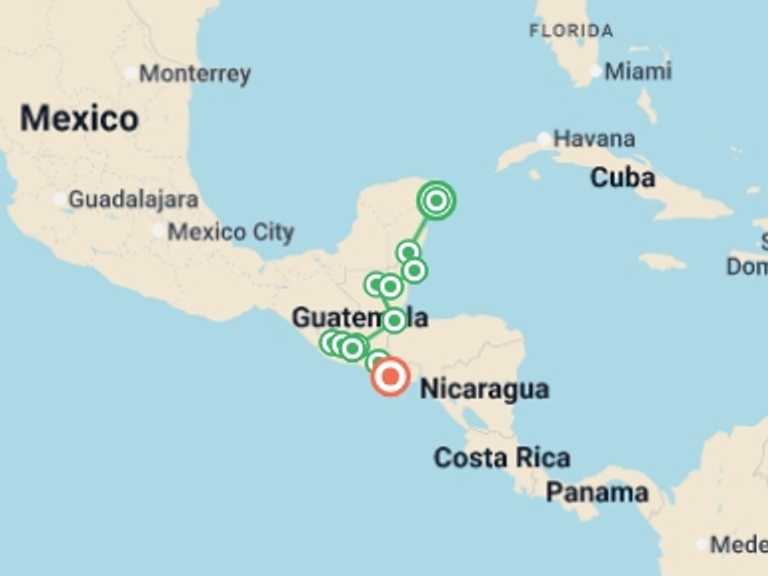 Map of a Adventure and sport Tour with 12 destination visits for the trip: Route of the Maya