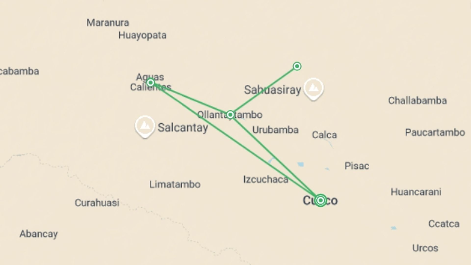 A map showing the tour itinerary for the trip: 7 Days - Lares Trek to Machu Picchu | Group Tour , starting in Cusco, Peru and ending in Cusco, Peru going through 5 other destinations.
