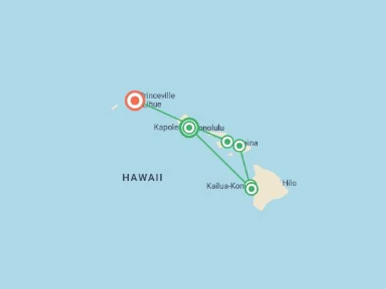 Map itinerary of USA Tour in December 2026 with 7 destination visits for the trip: Hawaiian Discovery