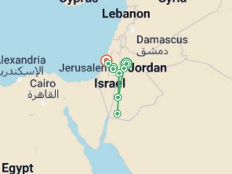 Map of Amman Trekking and Hiking Tour with 7 destination visits for the trip: Jordan, Israel & Palestine Discovery