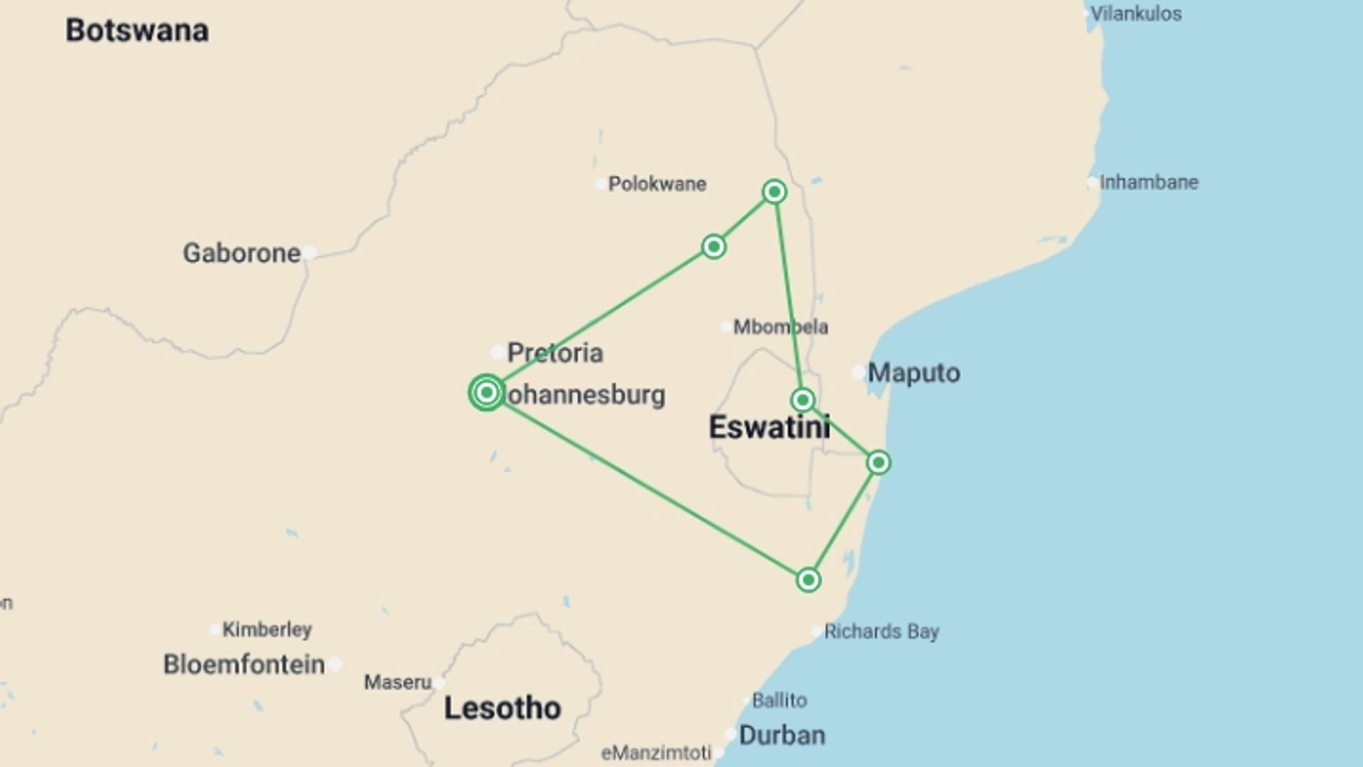 A map showing the tour itinerary for the trip: South Africa Family Safari with Teenagers, starting in Johannesburg, South Africa and ending in Johannesburg, South Africa going through 6 other destinations.
