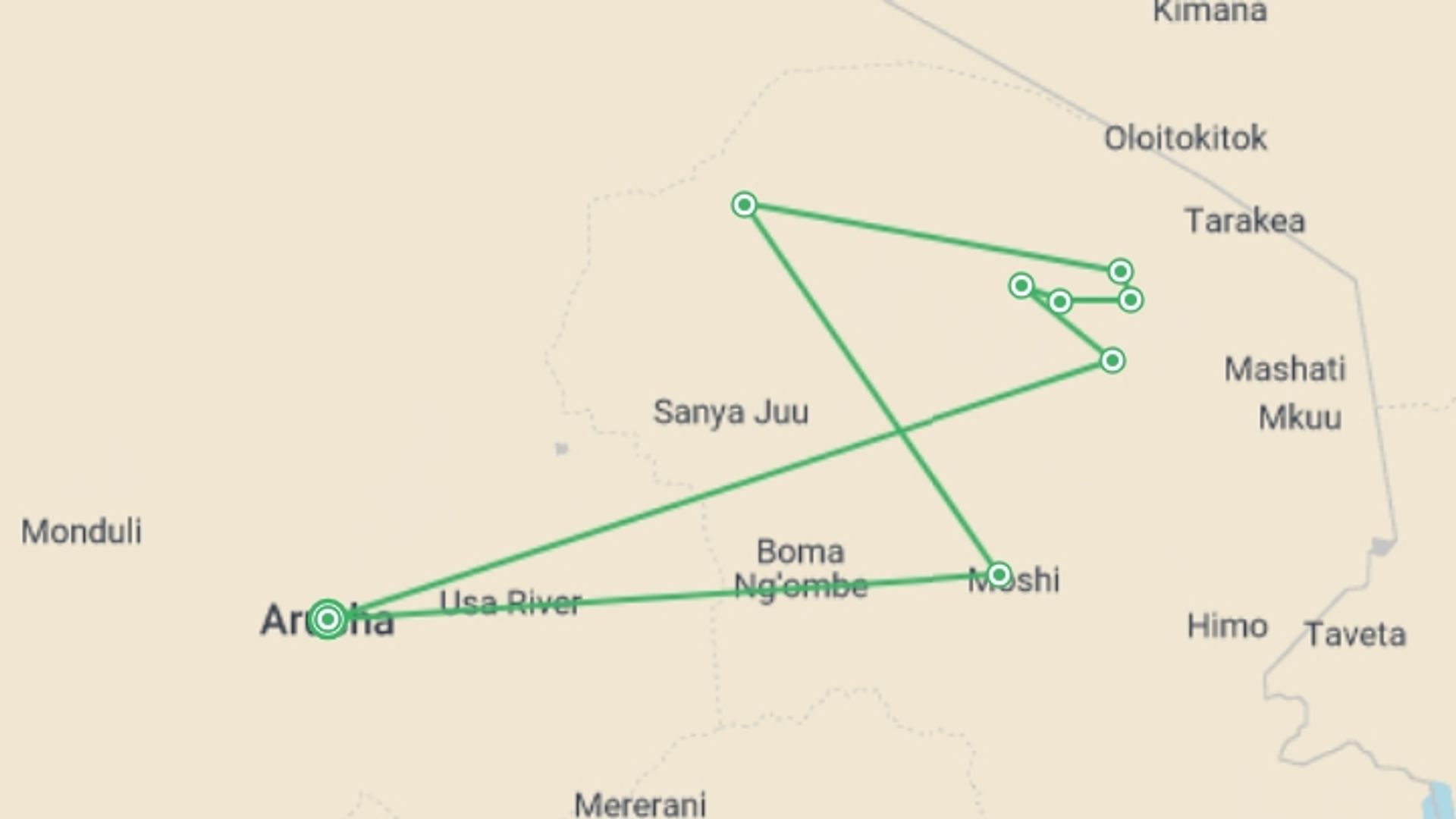 A map showing the tour itinerary for the trip: Kilimanjaro - rongai route, starting in Arusha, Tanzania and ending in Arusha, Tanzania going through 8 other destinations.